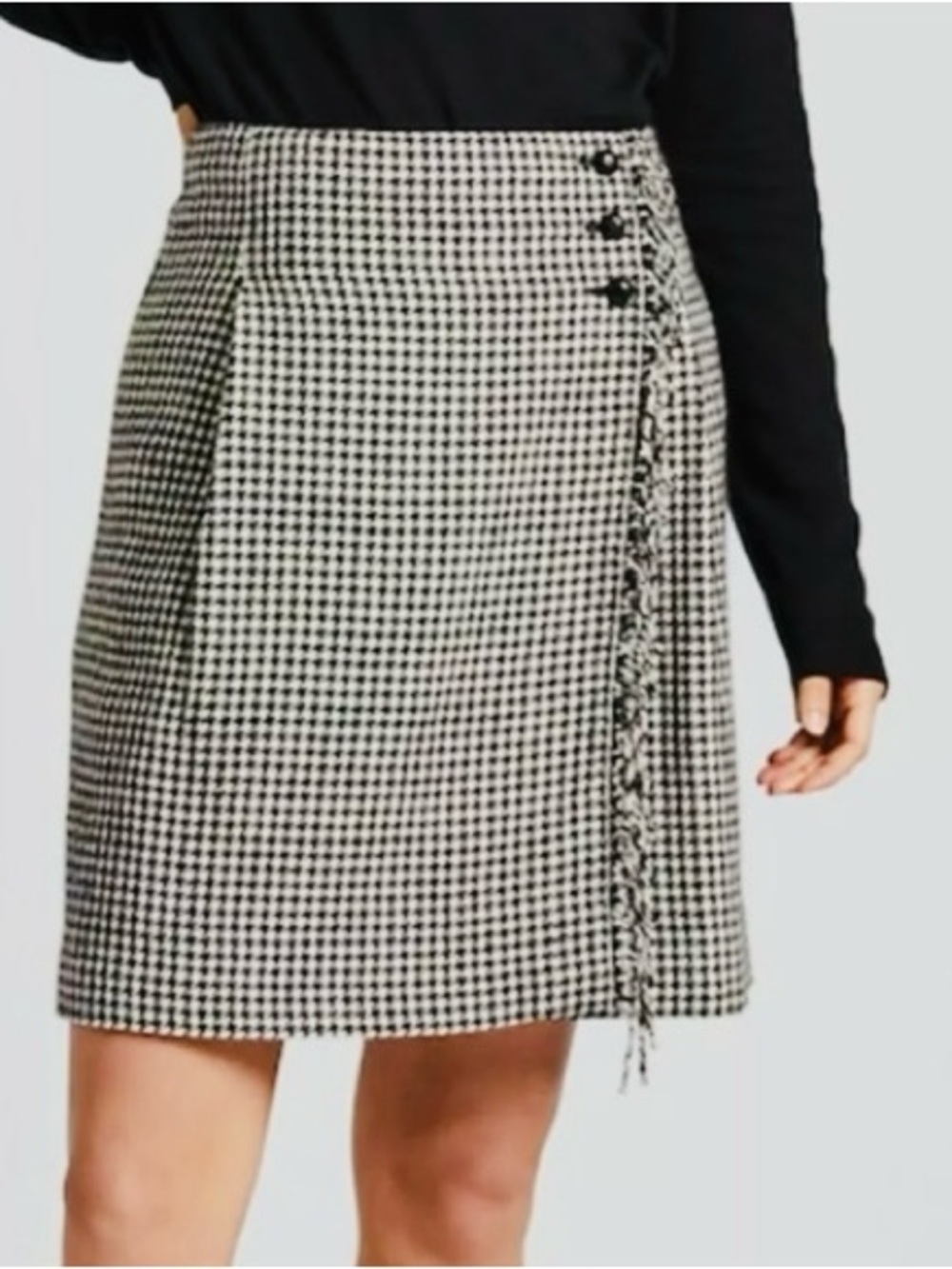 Ines de la Fressange x Uniqlo Houndstooth Wrap Skirt Sz 8 Wool Blend Fringe